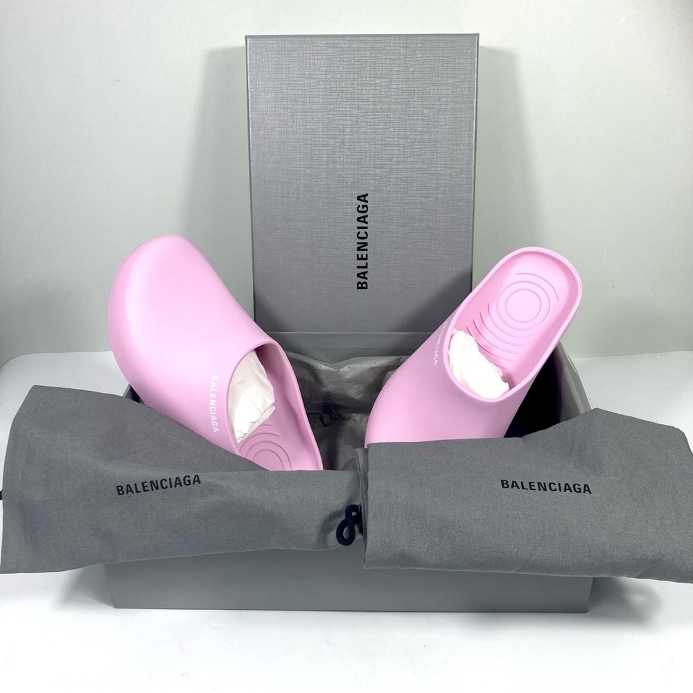 Balenciaga Pool Logo Closed Slides Clogs Pink Women Size 8 US New Matte Finish - Picture 3 of 17